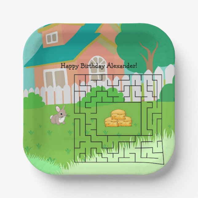 Kaninchen und Hay Birthday Maze Paper Teller für K (Vorderseite)