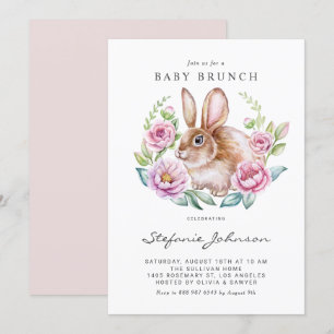 Kaninchen und rosa Blume Kinderbrunch Einladung