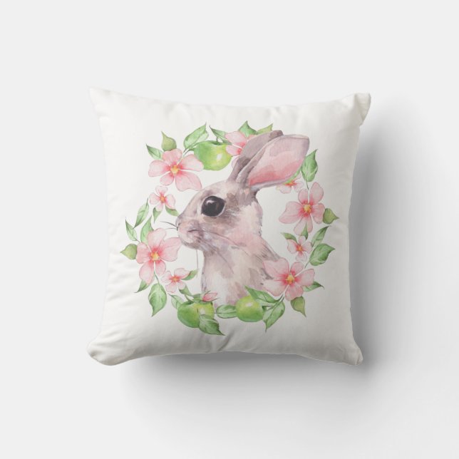 Kaninchen und rosa Blume Kissen (Vorderseite)