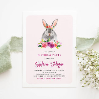 Kaninchen und violette Blumen Geburtstag Einladung