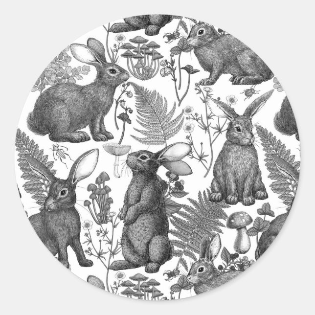 Kaninchen und Waldflora 2 Klassischer Rundaufklebe Runder Aufkleber (Vorderseite)
