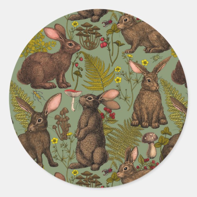 Kaninchen und Waldflora Klassischer Rundaufkleber Runder Aufkleber (Vorderseite)
