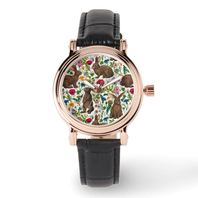 Kaninchen und Wildblumen Armbanduhr (Vorderseite)