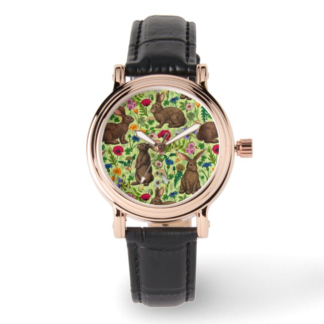 Kaninchen und Wildblumen auf Honigtau Armbanduhr (Vorderseite)
