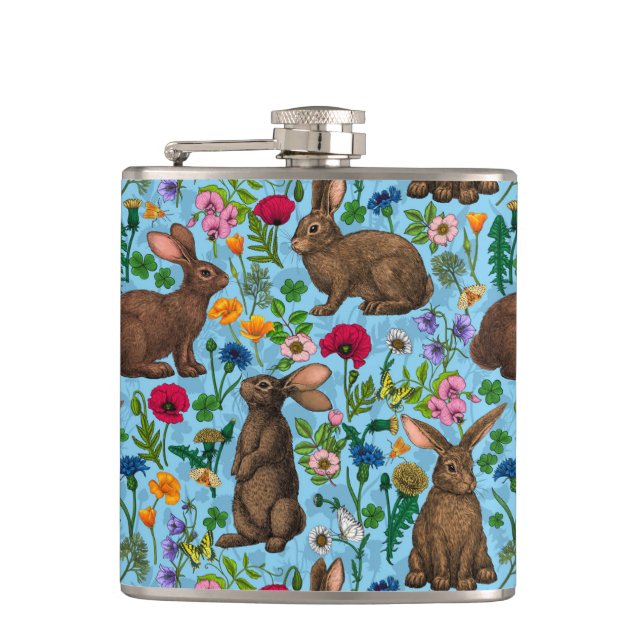 Kaninchen und Wildblumen Flachmann (Vorderseite)
