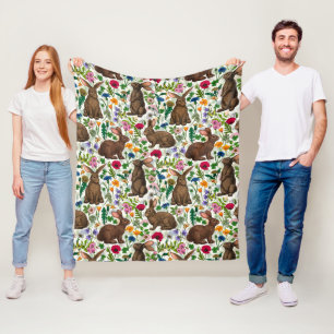 Kaninchen und Wildblumen Fleecedecke