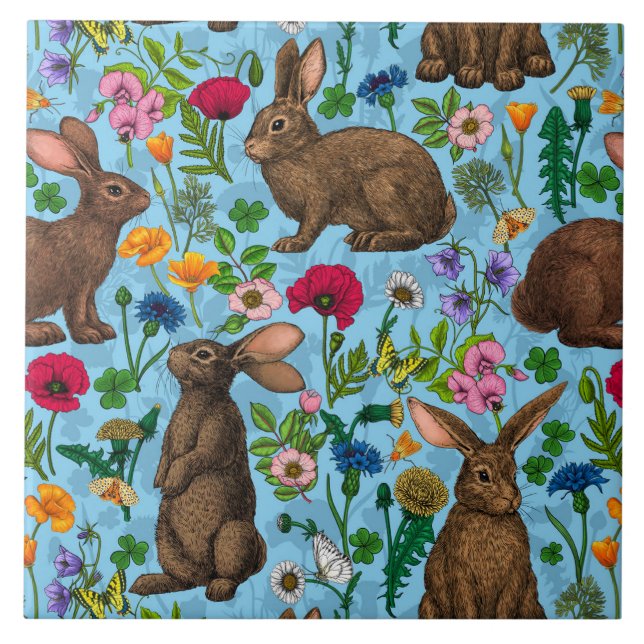 Kaninchen und Wildblumen Fliese (Vorderseite)