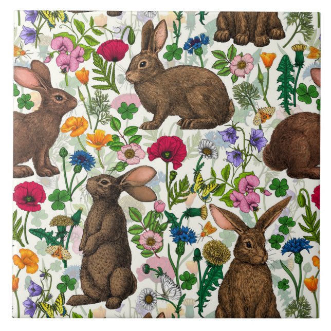 Kaninchen und Wildblumen Fliese (Vorderseite)
