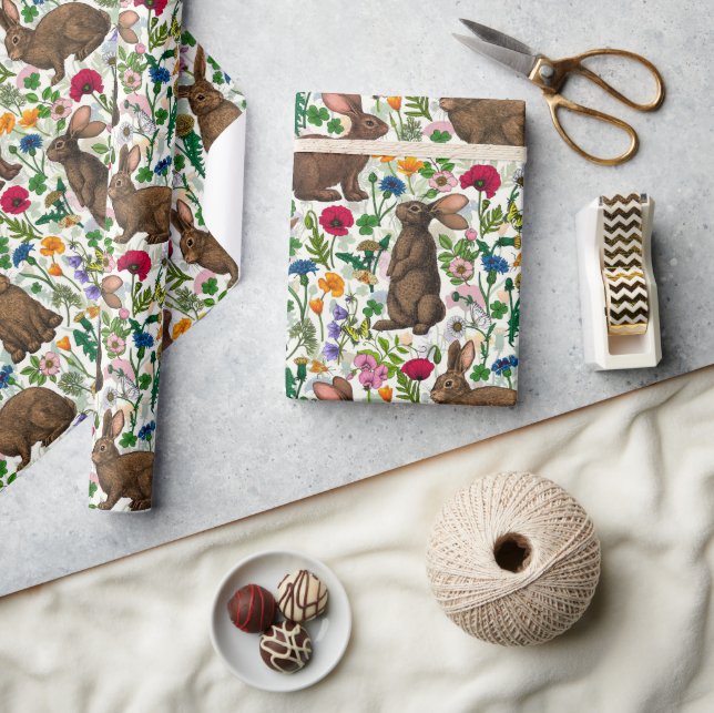 Kaninchen und Wildblumen Geschenkpapier (Basteln)