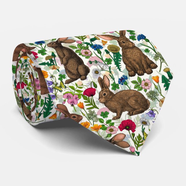 Kaninchen und Wildblumen Krawatte (Gerollt)