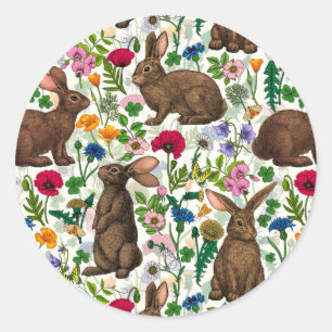 Kaninchen und Wildblumen Runder Aufkleber