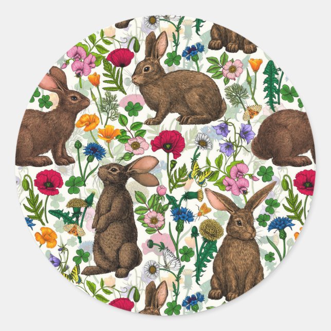 Kaninchen und Wildblumen Runder Aufkleber (Vorderseite)