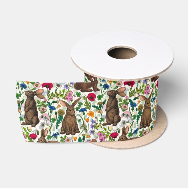 Kaninchen und Wildblumen Satinband (Spule)