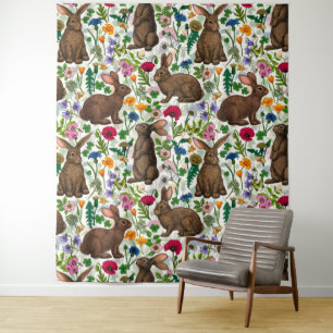 Kaninchen und Wildblumen Wandteppich