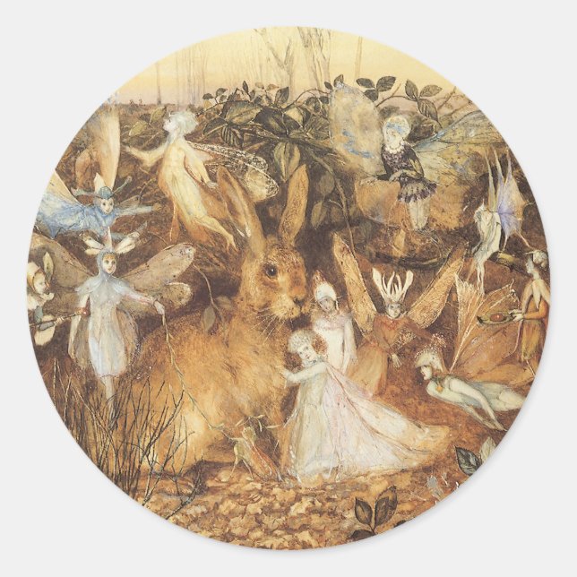 Kaninchen unter den Fairies, Vintage Märchen Runder Aufkleber (Vorderseite)