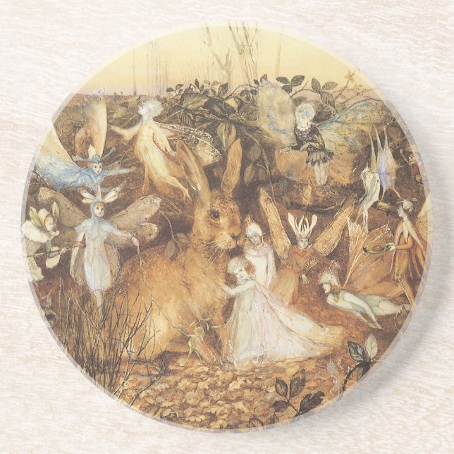 Kaninchen unter den Fairies, Vintage Märchen Sandstein Untersetzer (Vorne)
