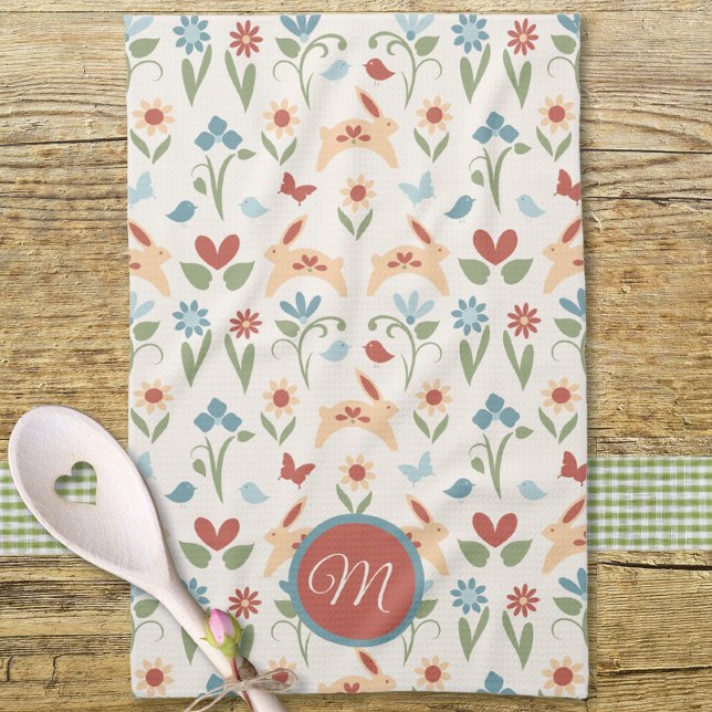 Kaninchen Wildblumen Birds Monogram Geschirrtuch (Von Creator hochgeladen)