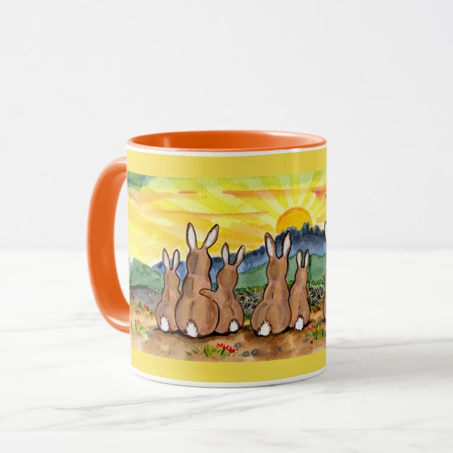 Kaninchenfamilie Sunrise Helle Designer Tasse (Vorderseite Links)