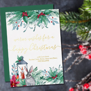 Kaninchenlaterne und Stechpalme Frohe Weihnachten Folien Feiertagskarte