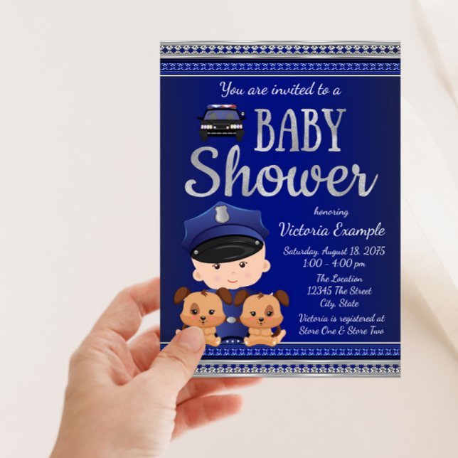 Kanine Police Baby Dusche Einladung (Cute blue and silver police and canine puppies baby shower invitation. Simply add your event details)