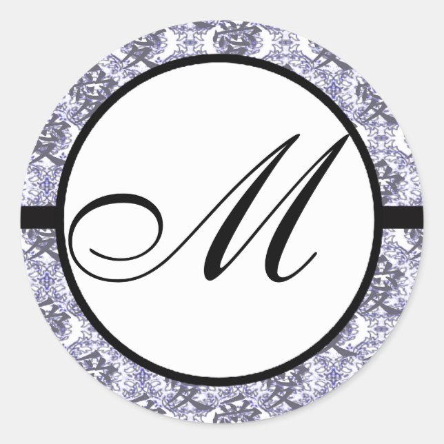 Kanji der Liebe Monogram Wedding Lila Damask Runder Aufkleber (Vorderseite)