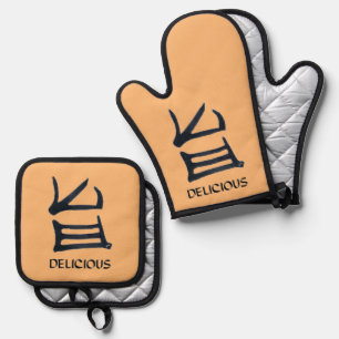 Kanji Leckeres Schwarz-Ofen Mitt Topfhalter Ofenhandschuh & Topflappen-Set
