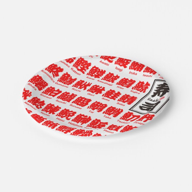 [Kanji] viele Arten von Fischen für Sushi (rot) Pappteller (Schrägansicht)