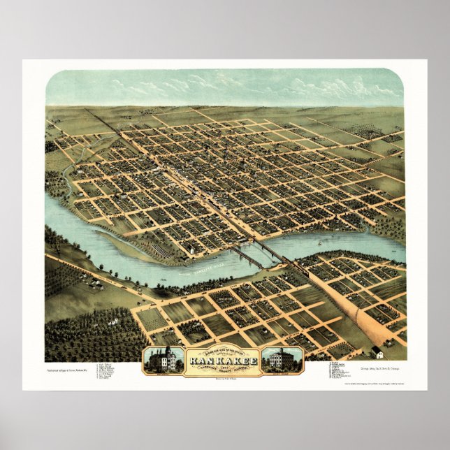 Kankakee, IL Panorama Karte - 1869 Poster (Vorne)