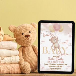 Kann kaum warten Bär Ballons Rosa Beige Babyparty Einladung