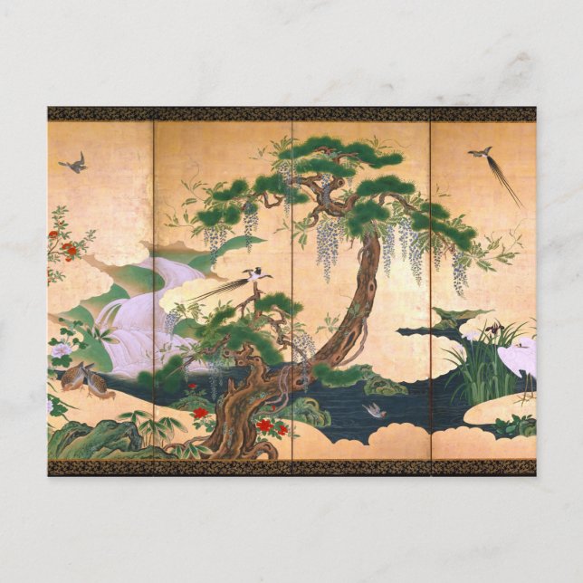 Kano Eino Vögel und Blume von Frühjahr und Sommer Postkarte (Vorderseite)