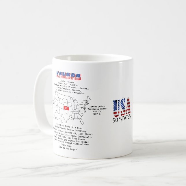 Kansas American Staat auf einer Karte und nützlich Kaffeetasse (Vorderseite Links)