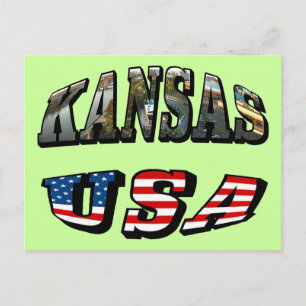 Kansas-Bild und USA-Flagge-Schriftart Postkarte