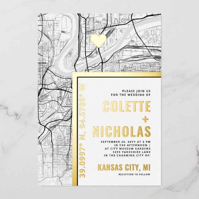 Kansas City Liebe Locator | Städtische Hochzeit Folieneinladung (Vorderseite)