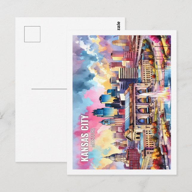 Kansas City Missouri USA Berühmter Platz Aquarell Postkarte (Vorne/Hinten)