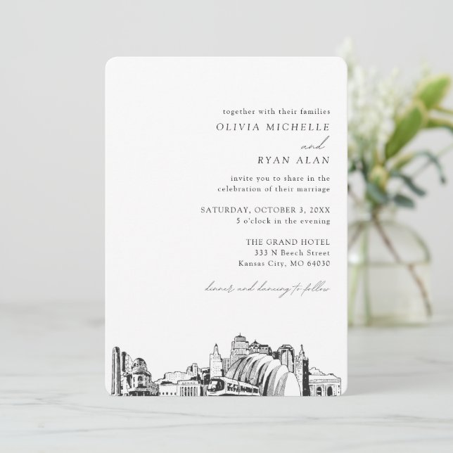 Kansas City Wedding Elegante Skyline Einladung (Stehend Vorderseite)