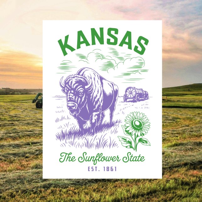 Kansas Der Sonnenblumen Staat Est. 1861 Ochse und  Postkarte (Kansas The Sunflower State Est. 1861 Ox and Farm Postcard
)