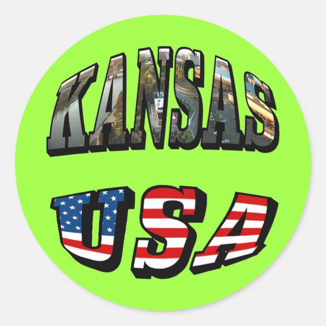 Kansas Picture und USA Flag Schriftart Runder Aufkleber (Vorderseite)