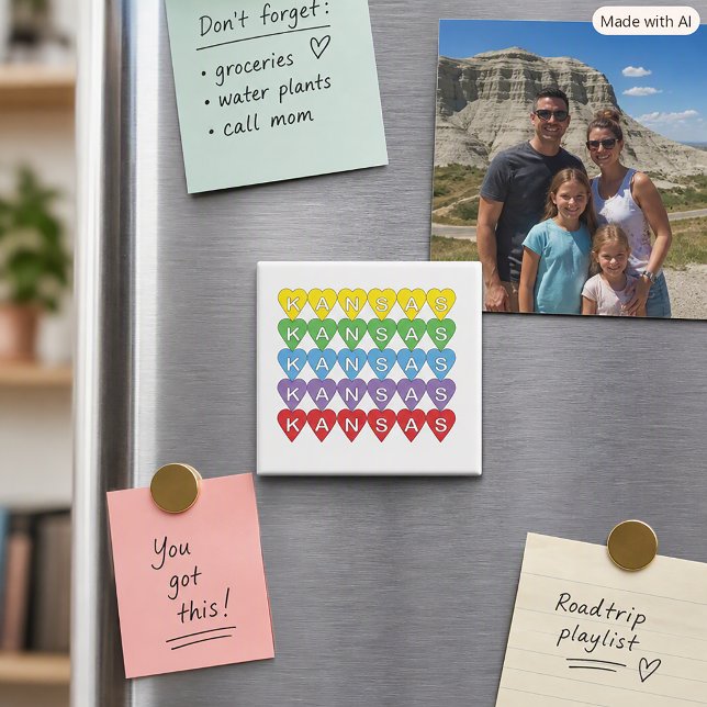 Kansas Pride Farbige State Pride Herz Design Magnet (A magnet with rainbow hearts that spell Kansas.)
