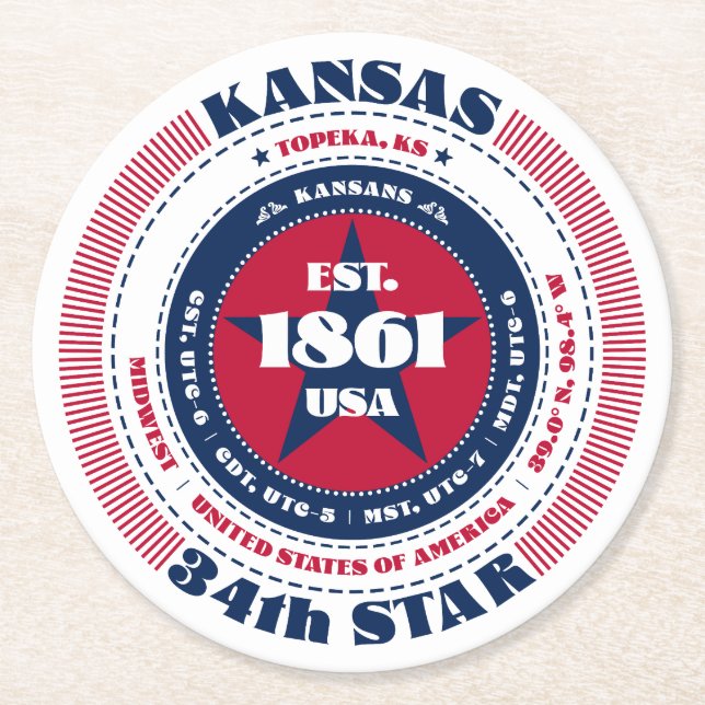 Kansas Red White Blue Typografie Runder Pappuntersetzer (Vorderseite)