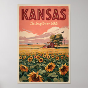 Kansas Sonnenblumen Illustration Reise Kunst Vinta Poster