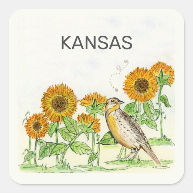 Kansas Staat Vogel und Blume Quadratischer Aufkleber (Vorderseite)
