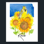 Kansas State Shape Meadowlark Sunflowers  Poster<br><div class="desc">A poster decorated with a western meadowlark bird in a field of bright blooming sunflowers in summer over the state shape in royal blue drawn with pen and ink and painted with watercolor. Inspired by the state bird and state flower of Kansas. Great for college dorm room decor or anyone...</div>