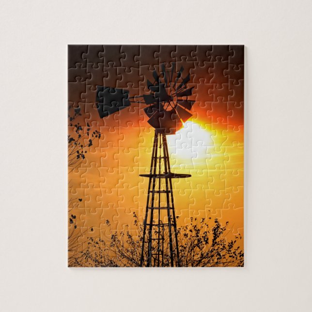 Kansas Sunset mit Farm Windmill Silhouette Jigsaw (Vertikal)