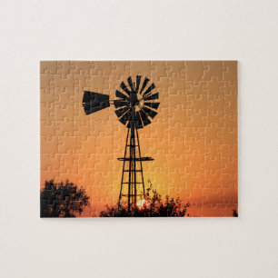Kansas Sunset with farm Windmill silhouette