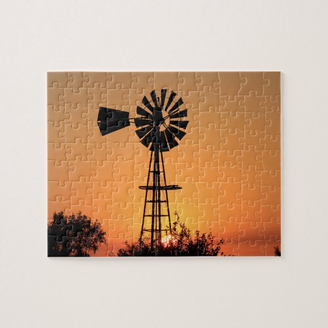 Kansas Sunset with farm Windmill silhouette (Horizontal)