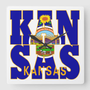 Kansas-Text für die Staatsflagge Quadratische Wanduhr