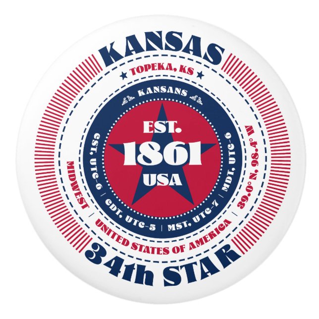Kansas US-Staat Red White Blue Typografie Keramikknauf (Vorderseite)