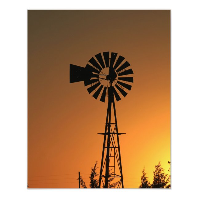 Kansas Windmill Silhouette Sonnenuntergang mit Wol Fotodruck (Vorne)