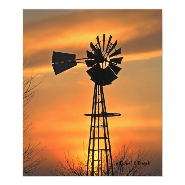 Kansas Windmill Silhouette Sonnenuntergang mit Wol Fotodruck (Vorne)