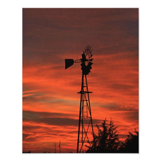 Kansas Windmill Silhouette Sonnenuntergang mit Wol Fotodruck (Vorne)